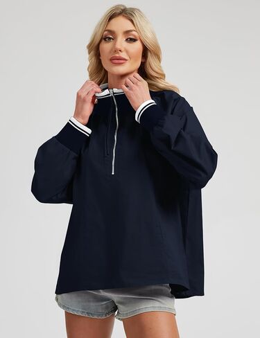 Womens Half Zip Blouses Puff Long Sleeve Henley Shirts Dressy Casual Contrast Collared Loose Fit Swing Tunic Tops in Saudi Arabia