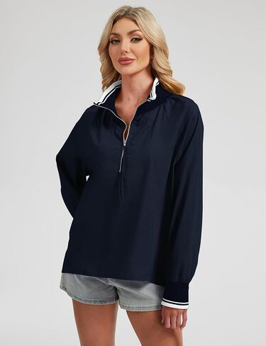 Womens Half Zip Blouses Puff Long Sleeve Henley Shirts Dressy Casual Contrast Collared Loose Fit Swing Tunic Tops in Saudi Arabia