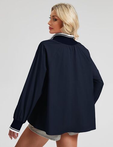 Womens Half Zip Blouses Puff Long Sleeve Henley Shirts Dressy Casual Contrast Collared Loose Fit Swing Tunic Tops in Saudi Arabia