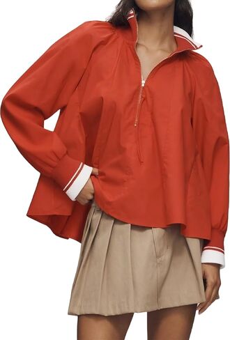 Womens Half Zip Blouses Puff Long Sleeve Henley Shirts Dressy Casual Contrast Collared Loose Fit Swing Tunic Tops in Saudi Arabia