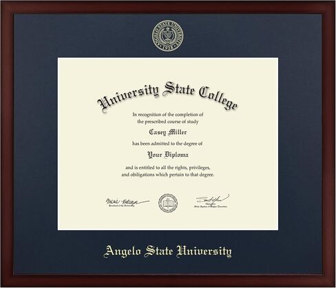 Angelo State University 14"w x 11"h Diploma Frame - Fits An Associate's, bachelor's, master's and phd - Gold Embossed Diploma Frame - Cherry Moulding with Navy Matting - Officially Licensed in Saudi Arabia