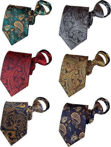 Men's Lot 6 PCS Classic Zipper Ties Pretied Stripes Necktie, Adjustable Paisley Woven Silk Tie Set for Business Wedding in Saudi Arabia
