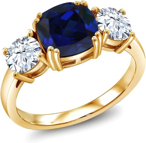 Gem Stone King 18K Yellow Gold Plated Silver Blue Created Sapphire 3-Stone Engagement Ring For Women | 4.00 Cttw | Cushion 8MM | 3 Stone Wedding Engagement Anniversary Promise Ring in Saudi Arabia