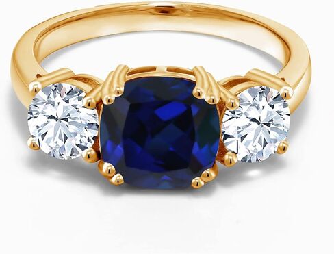 Gem Stone King 18K Yellow Gold Plated Silver Blue Created Sapphire 3-Stone Engagement Ring For Women | 4.00 Cttw | Cushion 8MM | 3 Stone Wedding Engagement Anniversary Promise Ring in Saudi Arabia