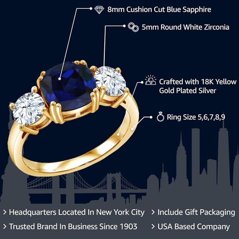 Gem Stone King 18K Yellow Gold Plated Silver Blue Created Sapphire 3-Stone Engagement Ring For Women | 4.00 Cttw | Cushion 8MM | 3 Stone Wedding Engagement Anniversary Promise Ring in Saudi Arabia