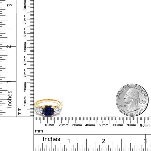 Gem Stone King 18K Yellow Gold Plated Silver Blue Created Sapphire 3-Stone Engagement Ring For Women | 4.00 Cttw | Cushion 8MM | 3 Stone Wedding Engagement Anniversary Promise Ring in Saudi Arabia