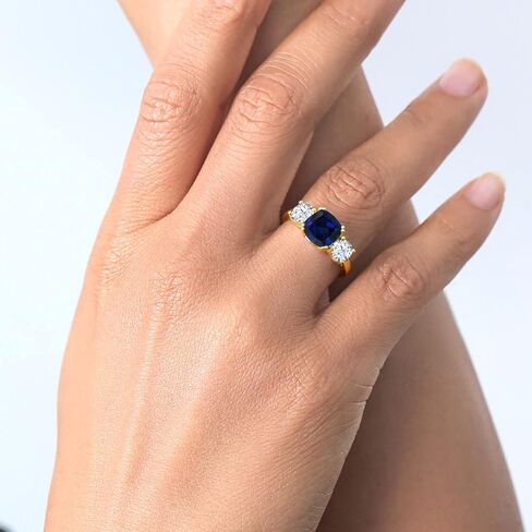Gem Stone King 18K Yellow Gold Plated Silver Blue Created Sapphire 3-Stone Engagement Ring For Women | 4.00 Cttw | Cushion 8MM | 3 Stone Wedding Engagement Anniversary Promise Ring in Saudi Arabia