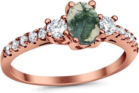 OMRANII Three Stone Art Deco Ring Oval Natural Green Moss Agate Vintage Style CZ Trio Ring Wedding Engagement Rings For Women 925 Sterling Silver Birthday Gifts For Her in Saudi Arabia
