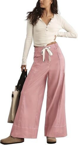 Women's Flowy Wide Leg Pants, High Waisted Drawstring Trousers with Contrast Stitching and Functional Pockets in Saudi Arabia