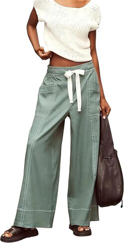 Women's Flowy Wide Leg Pants, High Waisted Drawstring Trousers with Contrast Stitching and Functional Pockets in Saudi Arabia