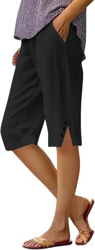 GaoCold الكتان كابري السراويل للنساء شورت بيرمودا طول الركبة الرباط اقتصاص السراويل الصيف الشاطئ عطلة طويلة السراويل in Kuwait