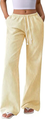 Women's Striped Wide Leg Linen Pants Elastic Waist Drawstring with Pockets - Summer Casual Beach Pants for Women in Saudi Arabia