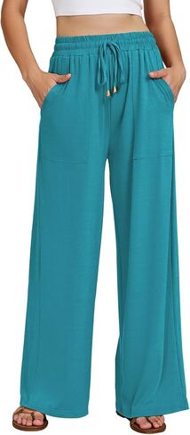 Womens Wide Leg Pants Elastic Waisted Casual Palazzo Pant Travel Vacation Beach Trousers with Pockets in Saudi Arabia