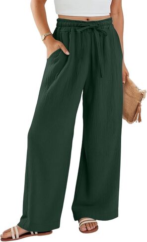 Wide Leg Linen Pants for Women Casual Drawstring Elastic Waist Palazzo Pants Summer Flowy Beach Trousers with Pockets in Saudi Arabia