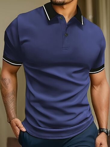Men Blue Polo Shirt Short Sleeve Slim Fit Contrast Trim Casual Business Top in Saudi Arabia