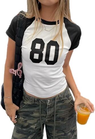 Baby Tee Women Y2k Short Sleeve Jersey Number Graphic Crop Top Slim Fit Crewneck Teen Girl Vintage Going Out Shirt in Saudi Arabia