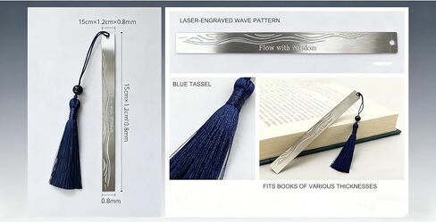 Stainless Steel Bookmark for Men - Flow with Wisdom Gift for Dad Husband and Book Lovers | Laser Engraved Metal Page Holder with Blue Tassel 5.9 Inches in Saudi Arabia