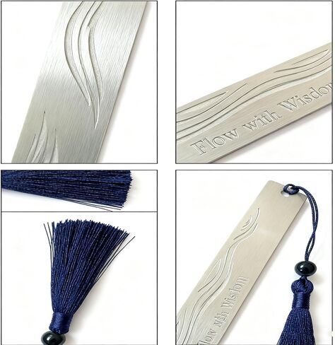 Stainless Steel Bookmark for Men - Flow with Wisdom Gift for Dad Husband and Book Lovers | Laser Engraved Metal Page Holder with Blue Tassel 5.9 Inches in Saudi Arabia