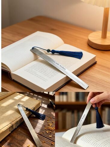 Stainless Steel Bookmark for Men - Flow with Wisdom Gift for Dad Husband and Book Lovers | Laser Engraved Metal Page Holder with Blue Tassel 5.9 Inches in Saudi Arabia