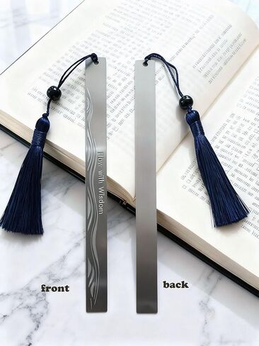 Stainless Steel Bookmark for Men - Flow with Wisdom Gift for Dad Husband and Book Lovers | Laser Engraved Metal Page Holder with Blue Tassel 5.9 Inches in Saudi Arabia