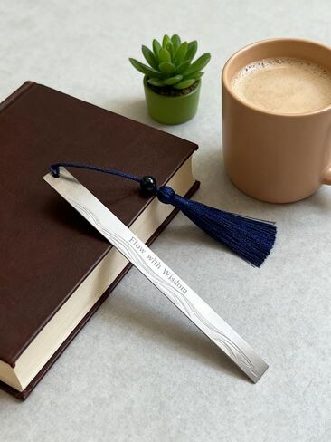 Stainless Steel Bookmark for Men - Flow with Wisdom Gift for Dad Husband and Book Lovers | Laser Engraved Metal Page Holder with Blue Tassel 5.9 Inches in Saudi Arabia