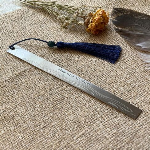 Stainless Steel Bookmark for Men - Flow with Wisdom Gift for Dad Husband and Book Lovers | Laser Engraved Metal Page Holder with Blue Tassel 5.9 Inches in Saudi Arabia