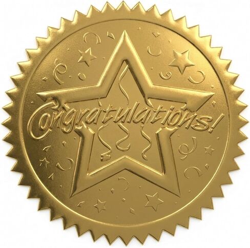 PaperDirect Congratulations 5-Point Star Embossed Gold Foil Certificate Seals, 2 Inch, Self Adhesive, 100 Count, Embossed Seals for Certificates, Achievement Award Stickers for School, Work, Diploma in Kuwait