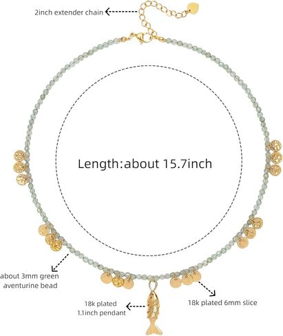 Boho Fish Beaded Necklace for Women, Natural Stone Bead Chain 18K Gold Handmade Sardine Pendant Choker Charm Beach Hawaiian Dainty Necklaces Summer Ocean Minimalist Jewelry Gift in Saudi Arabia