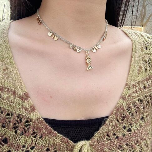 Boho Fish Beaded Necklace for Women, Natural Stone Bead Chain 18K Gold Handmade Sardine Pendant Choker Charm Beach Hawaiian Dainty Necklaces Summer Ocean Minimalist Jewelry Gift in Saudi Arabia
