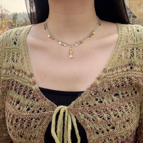 Boho Fish Beaded Necklace for Women, Natural Stone Bead Chain 18K Gold Handmade Sardine Pendant Choker Charm Beach Hawaiian Dainty Necklaces Summer Ocean Minimalist Jewelry Gift in Saudi Arabia