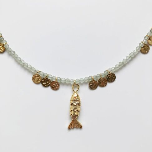 Boho Fish Beaded Necklace for Women, Natural Stone Bead Chain 18K Gold Handmade Sardine Pendant Choker Charm Beach Hawaiian Dainty Necklaces Summer Ocean Minimalist Jewelry Gift in Saudi Arabia