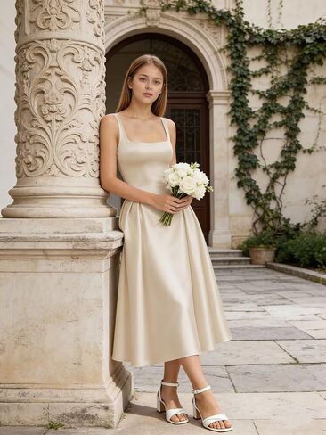 SanLIJIAN Satin Junior Bridesmaid Dresses Square Neck Girl Wedding Guest Dress Elegant Midi Formal Evening Gowns in Saudi Arabia