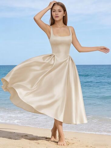SanLIJIAN Satin Junior Bridesmaid Dresses Square Neck Girl Wedding Guest Dress Elegant Midi Formal Evening Gowns in Saudi Arabia