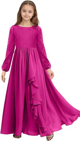 فساتين وصيفة الشرف للصغار، دانتيل، كم طويل، فستان فتاة الزهور، شيفون، كشكش، فستان رسمي للحفلات الراقصة للمراهقين in Kuwait