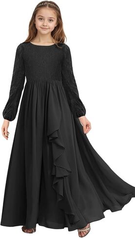 Junior Bridesmaid Dresses Lace Long Sleeve Flower Girl Dress Chiffon Ruffle Formal Prom Dress for Teens in Saudi Arabia