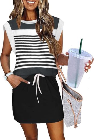 ETCYY NEW Womens Cap Sleeve Summer Dress Crew Neck Tie Front A-Line Dresses Double Layer Hem Mini Dress in Kuwait