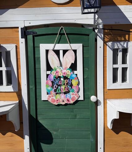 عيد الفصح الديكور اكليلا من الباب الخشبي للباب الأمامي علامة لطيف الأرنب سعيد عيد الفصح خشبية الباب شماعات أرنب زهرة الربيع البيض ترحيب علامة معلقة للخارجية داخلي ديكور جدار المنزل in Kuwait