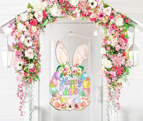 عيد الفصح الديكور اكليلا من الباب الخشبي للباب الأمامي علامة لطيف الأرنب سعيد عيد الفصح خشبية الباب شماعات أرنب زهرة الربيع البيض ترحيب علامة معلقة للخارجية داخلي ديكور جدار المنزل in Kuwait