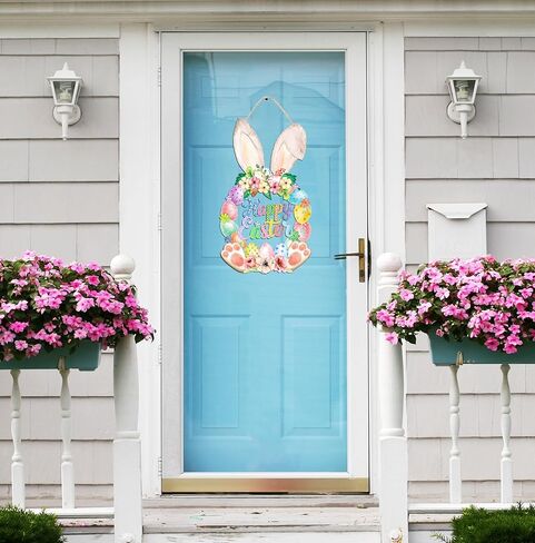 عيد الفصح الديكور اكليلا من الباب الخشبي للباب الأمامي علامة لطيف الأرنب سعيد عيد الفصح خشبية الباب شماعات أرنب زهرة الربيع البيض ترحيب علامة معلقة للخارجية داخلي ديكور جدار المنزل in Kuwait