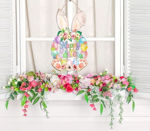 عيد الفصح الديكور اكليلا من الباب الخشبي للباب الأمامي علامة لطيف الأرنب سعيد عيد الفصح خشبية الباب شماعات أرنب زهرة الربيع البيض ترحيب علامة معلقة للخارجية داخلي ديكور جدار المنزل in Kuwait