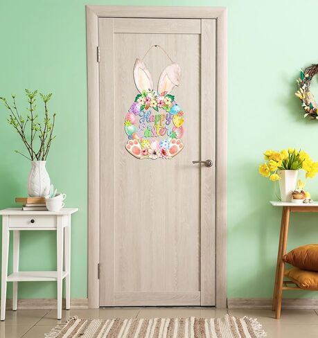 عيد الفصح الديكور اكليلا من الباب الخشبي للباب الأمامي علامة لطيف الأرنب سعيد عيد الفصح خشبية الباب شماعات أرنب زهرة الربيع البيض ترحيب علامة معلقة للخارجية داخلي ديكور جدار المنزل in Kuwait