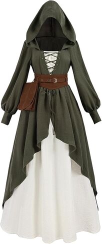 FCCAM Medieval Dress for Women Green Hooded Ren Faire Peasant Dresses Renaissance Costume with Belt Pouch in Saudi Arabia