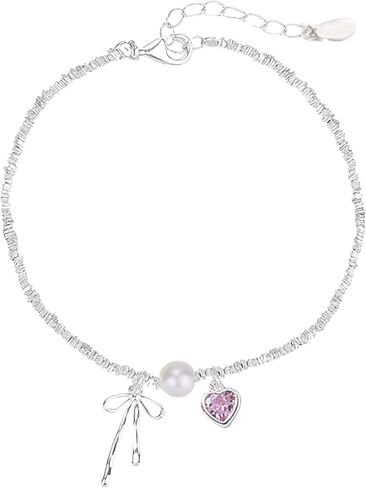 QueenBee 925 الفضة الاسترليني القلب الوردي القوس سحر سوار اللؤلؤ، أساور سحر أنيقة للنساء، هيبوالرجينيك 925 مجوهرات الفضة، العصرية 925 مجوهرات الفضة عيد ميلاد، عيد الحب، الزفاف، الزفاف، هدية عيد الأم لها in Kuwait