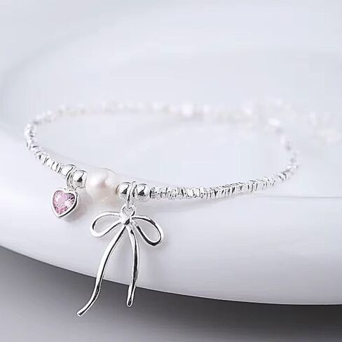 QueenBee 925 الفضة الاسترليني القلب الوردي القوس سحر سوار اللؤلؤ، أساور سحر أنيقة للنساء، هيبوالرجينيك 925 مجوهرات الفضة، العصرية 925 مجوهرات الفضة عيد ميلاد، عيد الحب، الزفاف، الزفاف، هدية عيد الأم لها in Kuwait