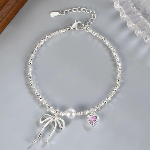 QueenBee 925 الفضة الاسترليني القلب الوردي القوس سحر سوار اللؤلؤ، أساور سحر أنيقة للنساء، هيبوالرجينيك 925 مجوهرات الفضة، العصرية 925 مجوهرات الفضة عيد ميلاد، عيد الحب، الزفاف، الزفاف، هدية عيد الأم لها in Kuwait