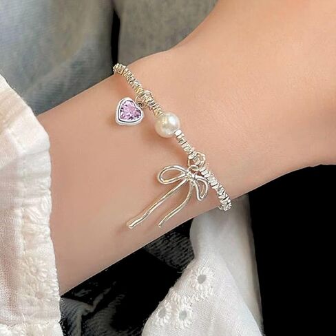 QueenBee 925 الفضة الاسترليني القلب الوردي القوس سحر سوار اللؤلؤ، أساور سحر أنيقة للنساء، هيبوالرجينيك 925 مجوهرات الفضة، العصرية 925 مجوهرات الفضة عيد ميلاد، عيد الحب، الزفاف، الزفاف، هدية عيد الأم لها in Kuwait