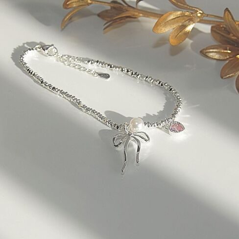 QueenBee 925 الفضة الاسترليني القلب الوردي القوس سحر سوار اللؤلؤ، أساور سحر أنيقة للنساء، هيبوالرجينيك 925 مجوهرات الفضة، العصرية 925 مجوهرات الفضة عيد ميلاد، عيد الحب، الزفاف، الزفاف، هدية عيد الأم لها in Kuwait