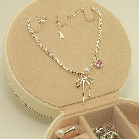 QueenBee 925 الفضة الاسترليني القلب الوردي القوس سحر سوار اللؤلؤ، أساور سحر أنيقة للنساء، هيبوالرجينيك 925 مجوهرات الفضة، العصرية 925 مجوهرات الفضة عيد ميلاد، عيد الحب، الزفاف، الزفاف، هدية عيد الأم لها in Kuwait