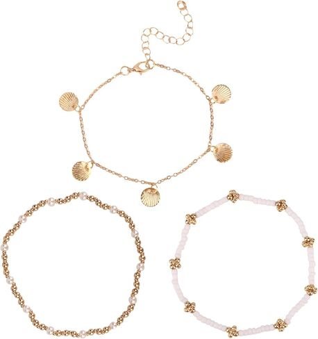 BOXOB 3pcs Shell Ankle Bracelets set, Stretchable Boho Shell Anklets for Women Adjustable Elegant Pearl Fashion Gifts Summer Beach Starfish Foot Jewelry for Vacation Seaside Party in Saudi Arabia