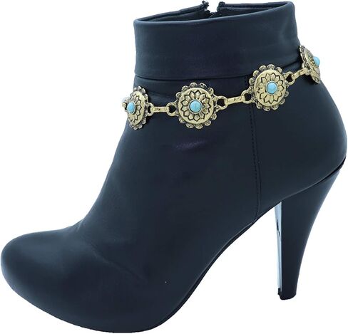 TrendyFashionJewelry TFJ Women Western Boot Chain Metal Bling Bracelet Cowgirl Anklet High Heel Truqoise Blue Flower Charm Antique Gold Color in Saudi Arabia